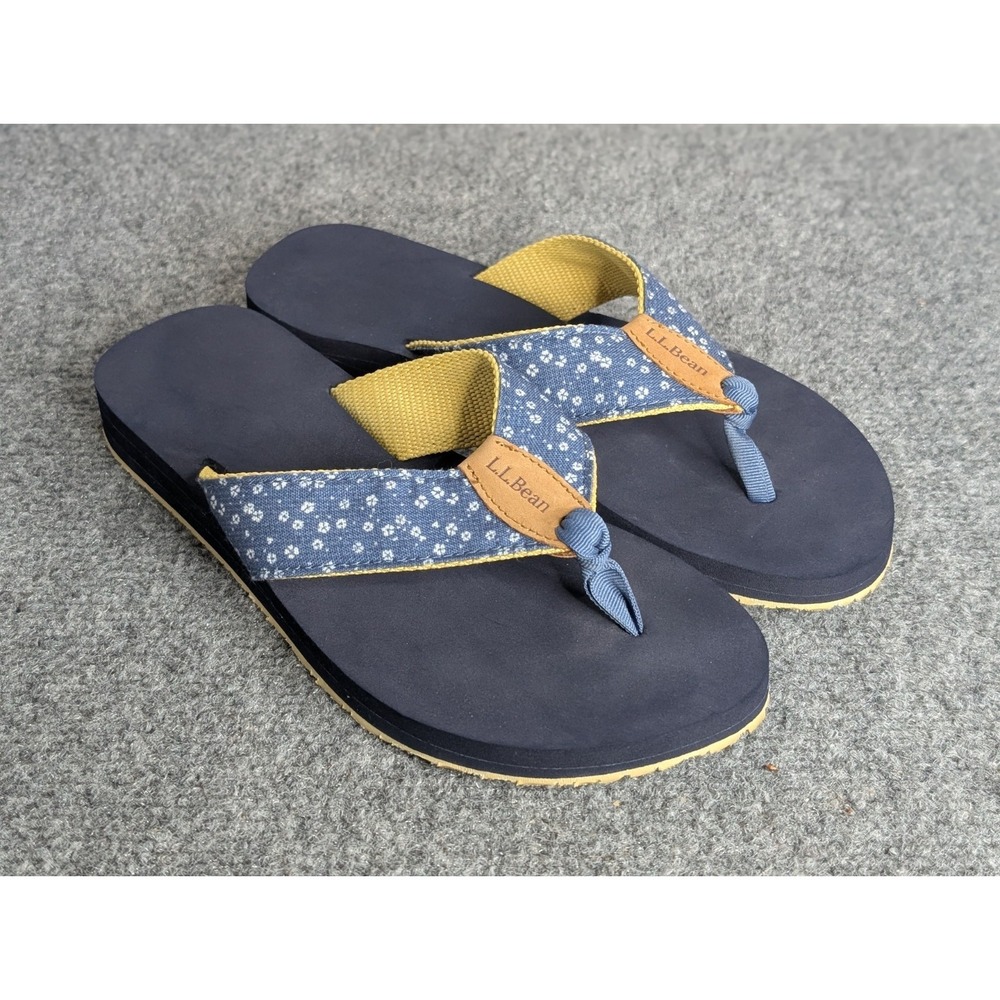 LL Bean Original Maine Isle Flip Flops Floral Blue Beach Women's Size 6